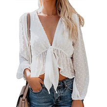 Load image into Gallery viewer, Women&#39;s Sexy Deep V-neck Chiffon Blouses Long Sleeve Dot Female Top Sweet Girls Fashion All-match Streetwear Lace Up Lady Blouse