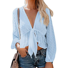 Load image into Gallery viewer, Women&#39;s Sexy Deep V-neck Chiffon Blouses Long Sleeve Dot Female Top Sweet Girls Fashion All-match Streetwear Lace Up Lady Blouse