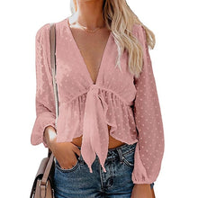 Load image into Gallery viewer, Women&#39;s Sexy Deep V-neck Chiffon Blouses Long Sleeve Dot Female Top Sweet Girls Fashion All-match Streetwear Lace Up Lady Blouse