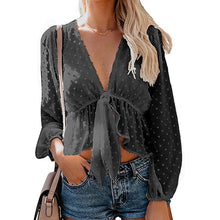 Load image into Gallery viewer, Women&#39;s Sexy Deep V-neck Chiffon Blouses Long Sleeve Dot Female Top Sweet Girls Fashion All-match Streetwear Lace Up Lady Blouse