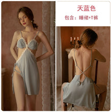 Load image into Gallery viewer, Women Sexy Nightdress Satin Embroidery Hollow Out Halter Straps Nightgowns Strappy Skirt Thong Set Femme Hot Sleepwear