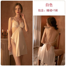 Load image into Gallery viewer, Women Sexy Nightdress Satin Embroidery Hollow Out Halter Straps Nightgowns Strappy Skirt Thong Set Femme Hot Sleepwear
