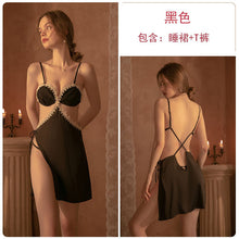 Load image into Gallery viewer, Women Sexy Nightdress Satin Embroidery Hollow Out Halter Straps Nightgowns Strappy Skirt Thong Set Femme Hot Sleepwear
