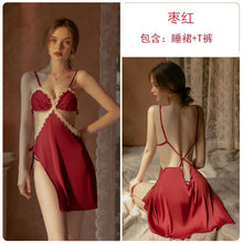 Load image into Gallery viewer, Women Sexy Nightdress Satin Embroidery Hollow Out Halter Straps Nightgowns Strappy Skirt Thong Set Femme Hot Sleepwear