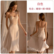 Load image into Gallery viewer, Women Sexy Nightdress Thong Set Satin Lace See-through Seductive Femme Nightgrowm Girls Fairy Halter Lolita Sleepwear Romantic