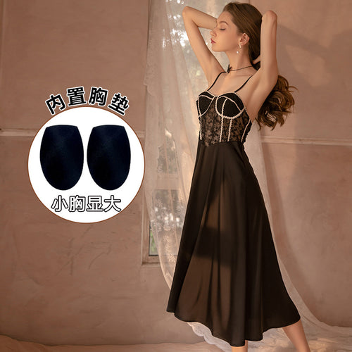 Women Sexy Nightdress Thong Set Satin Lace See-through Seductive Femme Nightgrowm Girls Fairy Halter Lolita Sleepwear Romantic