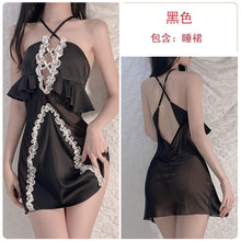 Load image into Gallery viewer, Women Sexy Nightgown Satin Gauze Lace Mini Nightdress Halter Hollow Backless Translucence Sleepwear Girls Cute Home Dress