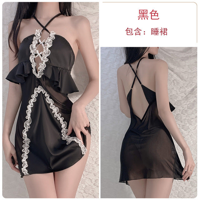 Women Sexy Nightgown Satin Gauze Lace Mini Nightdress Halter Hollow Backless Translucence Sleepwear Girls Cute Home Dress
