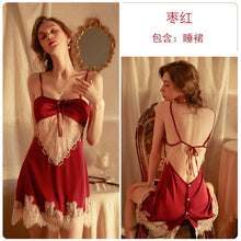 Load image into Gallery viewer, Women Sexy Nightgown Satin Lace See-through Nightdress Femme Lingerie Hot Halter Slit Strap Nighty Home Dress Sleepwear