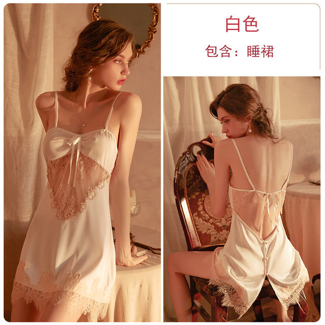 Women Sexy Nightgown Satin Lace See-through Nightdress Femme Lingerie Hot Halter Slit Strap Nighty Home Dress Sleepwear