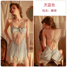 Load image into Gallery viewer, Women Sexy Nightgown Satin Lace See-through Nightdress Femme Lingerie Hot Halter Slit Strap Nighty Home Dress Sleepwear
