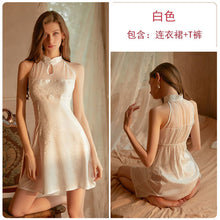 Load image into Gallery viewer, Women&#39;s Sexy Skirt Retro Chinese Cheongsam Collar Satin Mesh Perspective Sleeping Skirt Thong Set Night Dress Female Nightgown