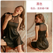 Load image into Gallery viewer, Women&#39;s Sexy Skirt Retro Chinese Cheongsam Collar Satin Mesh Perspective Sleeping Skirt Thong Set Night Dress Female Nightgown
