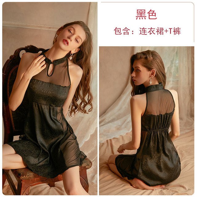 Women's Sexy Skirt Retro Chinese Cheongsam Collar Satin Mesh Perspective Sleeping Skirt Thong Set Night Dress Female Nightgown