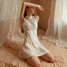 Load image into Gallery viewer, Women&#39;s Sexy Skirt Retro Chinese Cheongsam Collar Satin Mesh Perspective Sleeping Skirt Thong Set Night Dress Female Nightgown