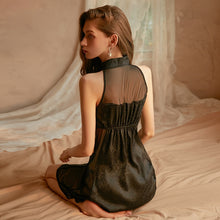 Load image into Gallery viewer, Women&#39;s Sexy Skirt Retro Chinese Cheongsam Collar Satin Mesh Perspective Sleeping Skirt Thong Set Night Dress Female Nightgown