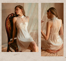 Load image into Gallery viewer, Women&#39;s Sexy Skirt Retro Chinese Cheongsam Collar Satin Mesh Perspective Sleeping Skirt Thong Set Night Dress Female Nightgown