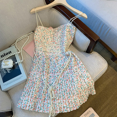 Women's Sling Floral Mini Dress Summer Vintage Casual Slash Neck Sleeveless Flower Print Pleated Strap Dress Party Beach Wearing