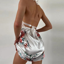 Load image into Gallery viewer, Women&#39;s Summer Elegant Satin Deep V-neck Floral Print Halter Mini Nightdress Stripper Clothes Cute Halter Home Wear Nightdress