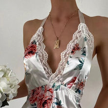 Load image into Gallery viewer, Women&#39;s Summer Elegant Satin Deep V-neck Floral Print Halter Mini Nightdress Stripper Clothes Cute Halter Home Wear Nightdress