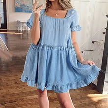 Load image into Gallery viewer, Women&#39;s Summer Fashion Denim Ruffles Short Sleeve Loose Mini Dress Women Blue Short Dress vestido de mujer платье летнее 2021