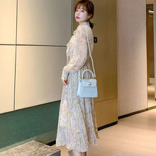 Load image into Gallery viewer, Women&#39;s Summer Pleated Chiffon Silk Waist Long-Sleeved Floral Streamer V-Neck Dress Romantic French