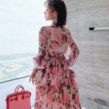 Load image into Gallery viewer, Women&#39;s Summer Pleated Chiffon Silk Waist Long-Sleeved Floral Streamer V-Neck Dress Romantic French