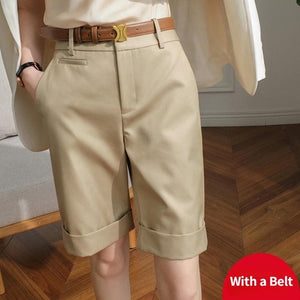 Women&#39;s Summer Shorts High Waist Knee Length Straight Pants with Belt Office Khaki White Black Casual Short Pants Women Fashion