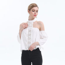 Load image into Gallery viewer, Women&#39;s Summer White Off Shoulder Lace Patchwork Shirt New Arrival 2021 Fashion Sexy O-neck Flare Sleeve Backless Shirts Blouses
