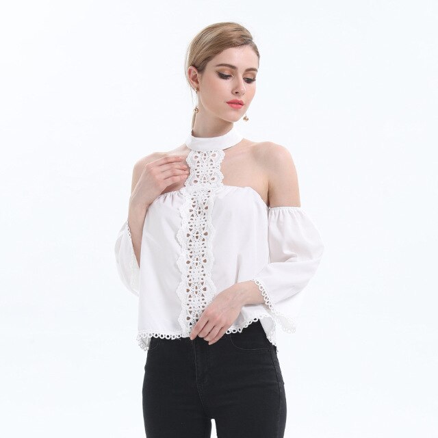 Women's Summer White Off Shoulder Lace Patchwork Shirt New Arrival 2021 Fashion Sexy O-neck Flare Sleeve Backless Shirts Blouses