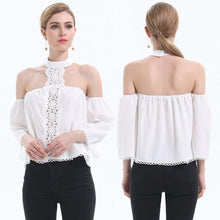 Load image into Gallery viewer, Women&#39;s Summer White Off Shoulder Lace Patchwork Shirt New Arrival 2021 Fashion Sexy O-neck Flare Sleeve Backless Shirts Blouses