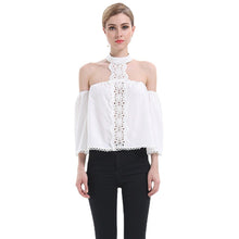 Load image into Gallery viewer, Women&#39;s Summer White Off Shoulder Lace Patchwork Shirt New Arrival 2021 Fashion Sexy O-neck Flare Sleeve Backless Shirts Blouses