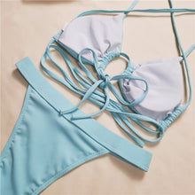Load image into Gallery viewer, Women&#39;s Swimwear High Waist Bikini Blue Swimsuit Separate Beachwear String Sexy Solid Color Pattern