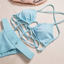 Load image into Gallery viewer, Women&#39;s Swimwear High Waist Bikini Blue Swimsuit Separate Beachwear String Sexy Solid Color Pattern