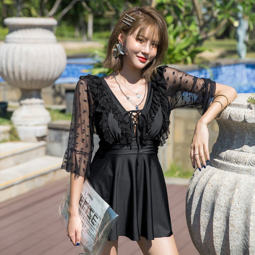 Women's Swimwear Korea Swimsuit Skirt 5XL Woman One Piece Plus Size Tankini Monokini Lace Sleeve Black Swim Suit Beach Wear