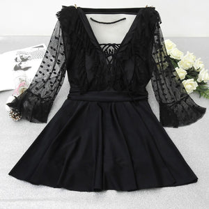 Women&#39;s Swimwear Korea Swimsuit Skirt 5XL Woman One Piece Plus Size Tankini Monokini Lace Sleeve Black Swim Suit Beach Wear