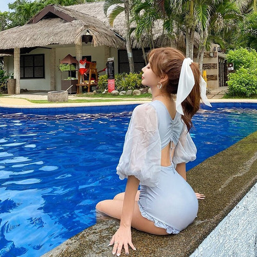 Women's Swimwear One-Piece Swimsuit Women Piece Swimsuits Swim Rashguard Female Covering Chiffon Long Sleeve Solid Swimming Suit