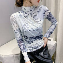 Load image into Gallery viewer, Women&#39;s T-Shirt Autumn 2021 New Fashion Print Mesh Tops Elegant Slim Turtleneck Long Sleeve Women Clothing