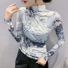 Load image into Gallery viewer, Women&#39;s T-Shirt Autumn 2021 New Fashion Print Mesh Tops Elegant Slim Turtleneck Long Sleeve Women Clothing