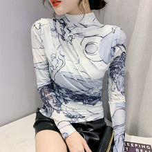 Load image into Gallery viewer, Women&#39;s T-Shirt Autumn 2021 New Fashion Print Mesh Tops Elegant Slim Turtleneck Long Sleeve Women Clothing