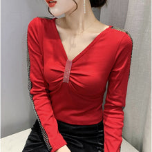 Load image into Gallery viewer, Women&#39;s T-Shirt New 2021 Autumn Long Sleeve V-Neck Hollow Out Mesh Tops Elegant Slim Diamond Plus Size Female Shirt
