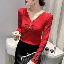 Load image into Gallery viewer, Women&#39;s T-Shirt New 2021 Autumn Long Sleeve V-Neck Hollow Out Mesh Tops Elegant Slim Diamond Plus Size Female Shirt