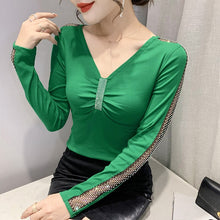 Load image into Gallery viewer, Women&#39;s T-Shirt New 2021 Autumn Long Sleeve V-Neck Hollow Out Mesh Tops Elegant Slim Diamond Plus Size Female Shirt