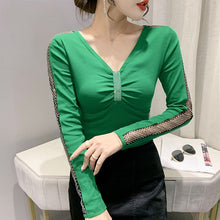 Load image into Gallery viewer, Women&#39;s T-Shirt New 2021 Autumn Long Sleeve V-Neck Hollow Out Mesh Tops Elegant Slim Diamond Plus Size Female Shirt