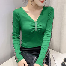 Load image into Gallery viewer, Women&#39;s T-Shirt New 2021 Autumn Long Sleeve V-Neck Hollow Out Mesh Tops Elegant Slim Diamond Plus Size Female Shirt
