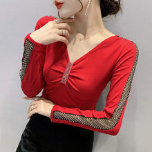 Load image into Gallery viewer, Women&#39;s T-Shirt New 2021 Autumn Long Sleeve V-Neck Hollow Out Mesh Tops Elegant Slim Diamond Plus Size Female Shirt
