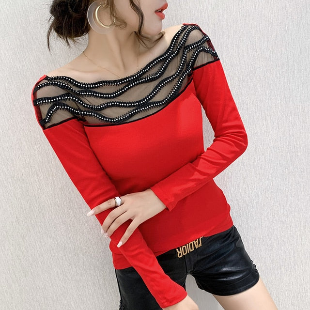 Women's T-shirts New 2021 Autumn long sleeve woman tshirts Sexy Beaded Perspective Plus size tops and shirt blusas