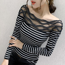 Load image into Gallery viewer, Women&#39;s T-shirts New 2021 Autumn long sleeve woman tshirts Sexy Beaded Perspective Plus size tops and shirt blusas