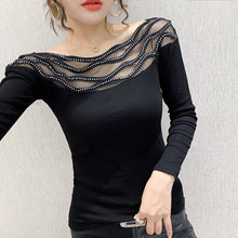 Load image into Gallery viewer, Women&#39;s T-shirts New 2021 Autumn long sleeve woman tshirts Sexy Beaded Perspective Plus size tops and shirt blusas
