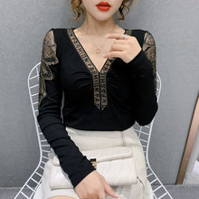 Load image into Gallery viewer, Women&#39;s T-shirts New 2021 Spring Long Sleeve Woman tshirts Fashion Sexy V-neck Hot Drilling Mujer Camisetas